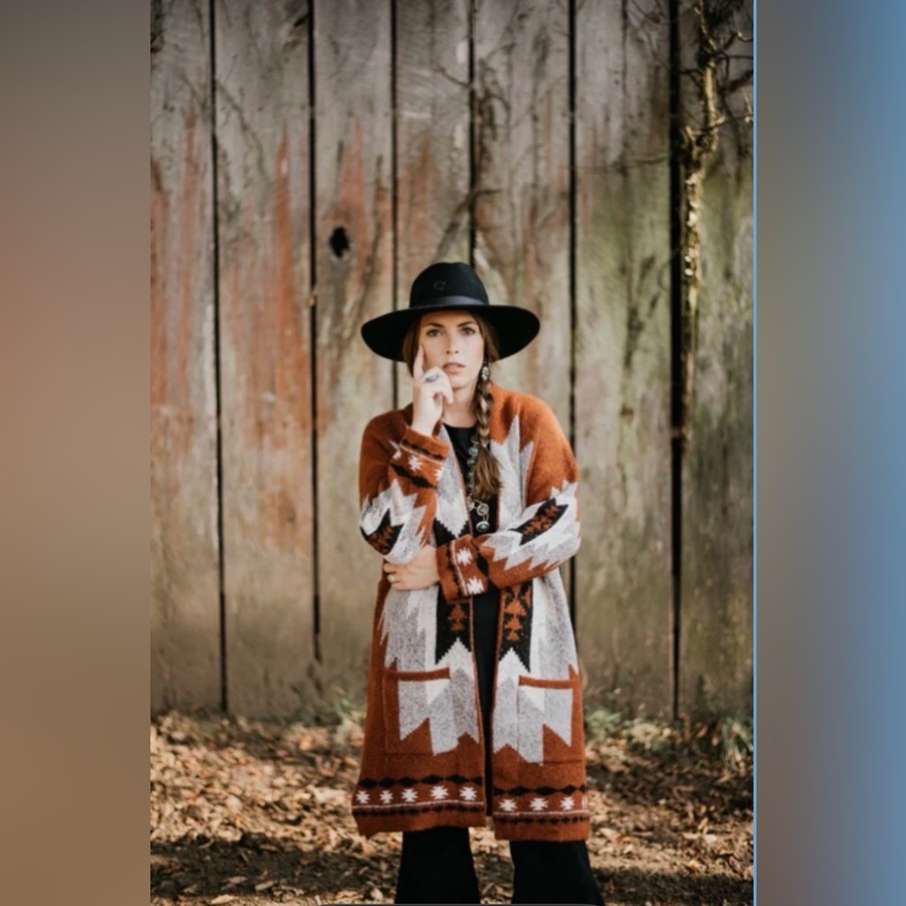 Rust Geo-Pattern Open Front Cardigan Sweater for … - image 3